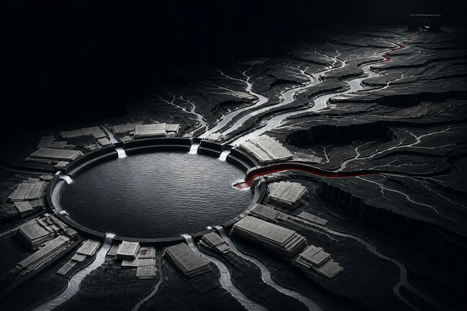 Concept image: a circular reservoir of marketing budgets on a dark landscape, with one thin red stream branching away from it