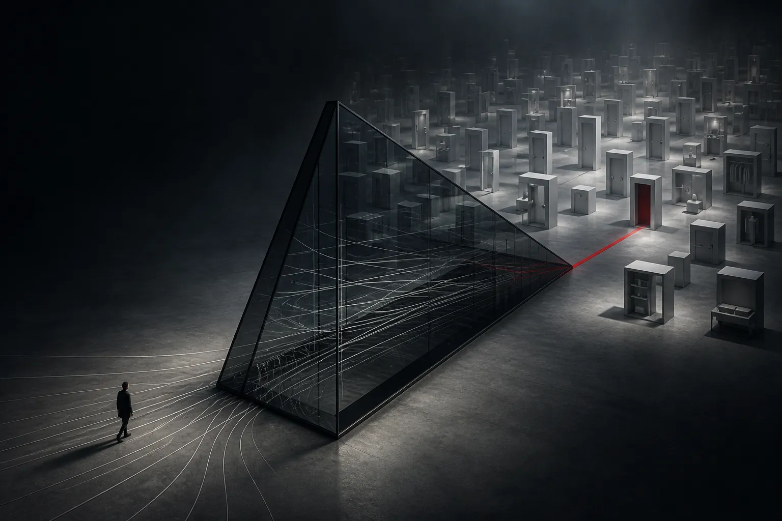 Concept image: a dark glass prism filters many walking paths into a single line pointing at one red doorway among rows of grey storefronts