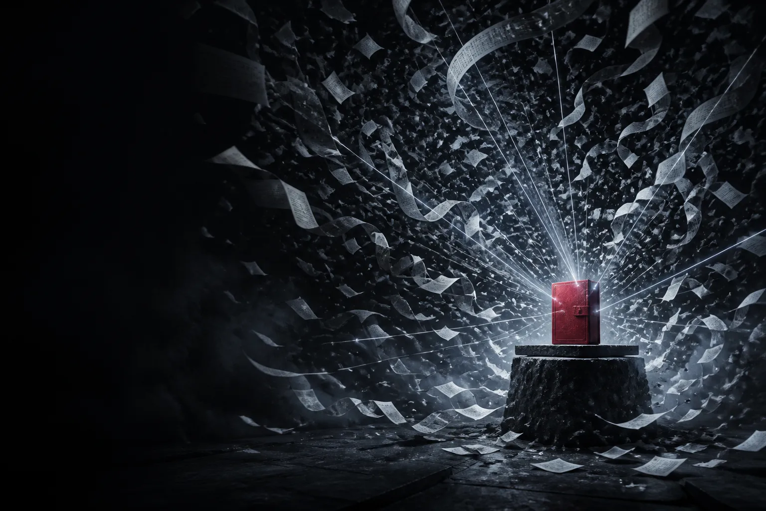 Concept image: a storm of shredded pages swirls around a single red book on a stone pedestal, lit by beams of citation