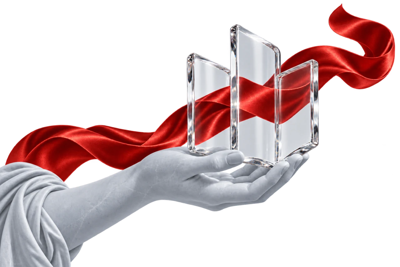 A marble hand supports a glass archive connected by red silk.