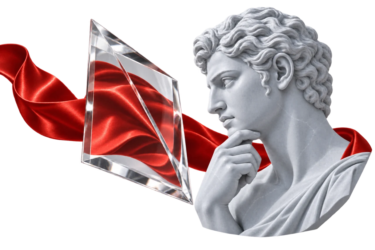 A Roman sculpture observes red silk through an optical prism.