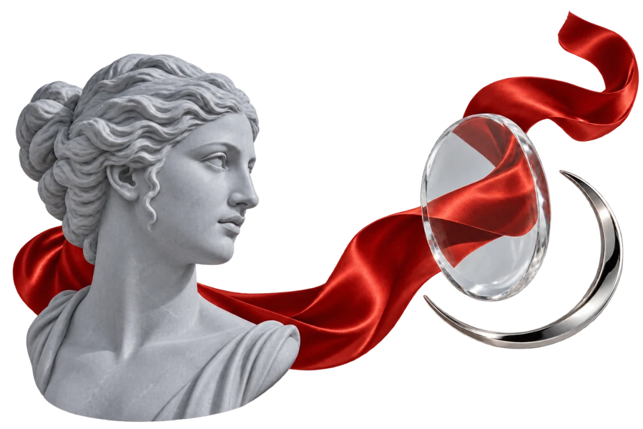 A classical Roman sculpture with red silk and optical glass.